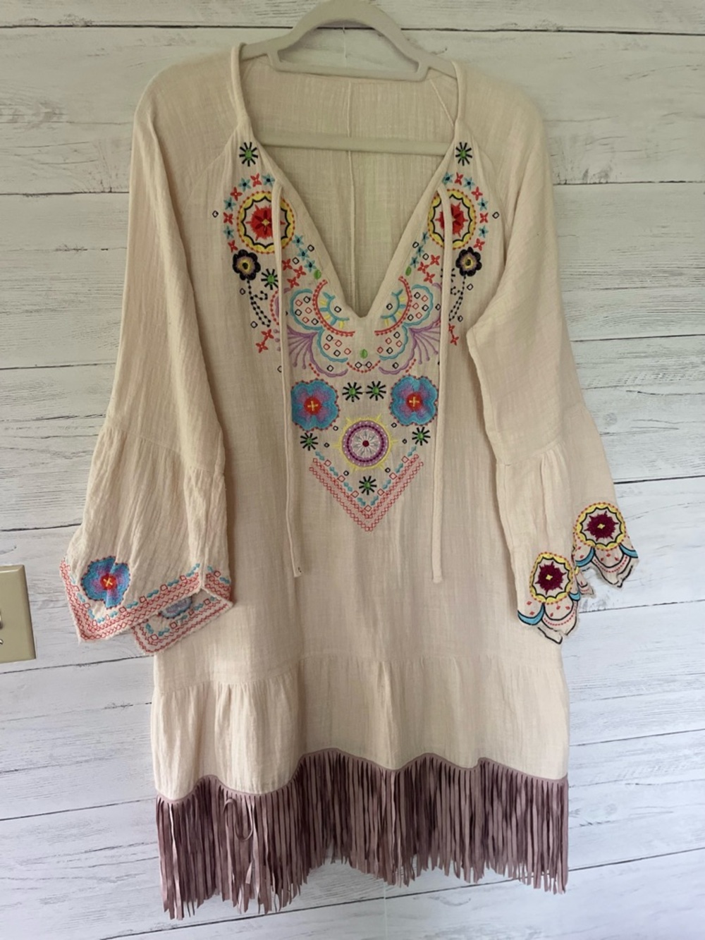 Cream Embroidered Boho Fringe Tunic bought in LA. Size Lg-XL very unique